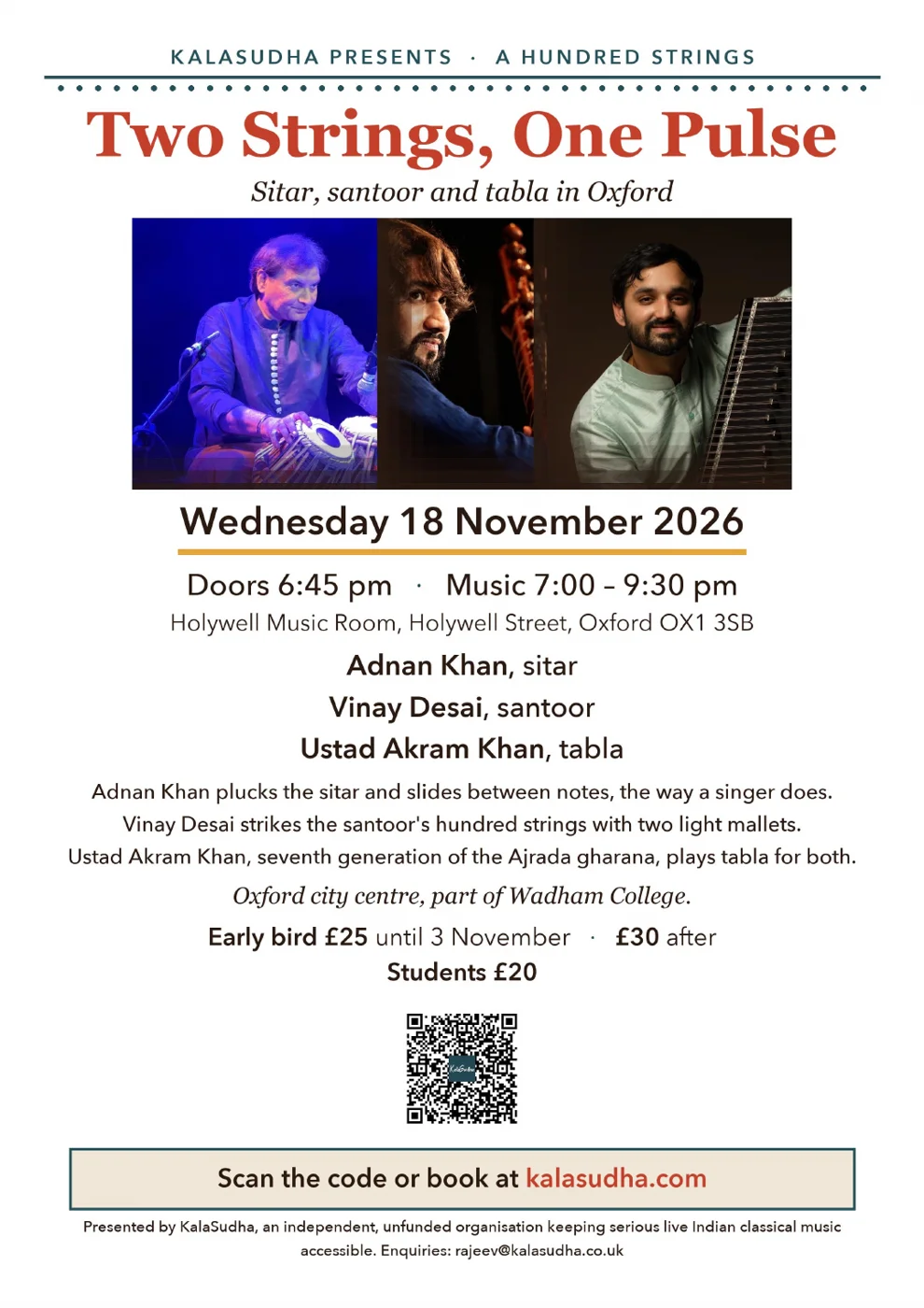 A4 flyer for Two Strings, One Pulse: sitar, santoor and tabla in Oxford, Wednesday 18 November 2026, doors 6.45pm, music 7pm to 9.30pm, Holywell Music Room, early bird £25 until 3 November, £30 after, students £20, with a QR code to book
