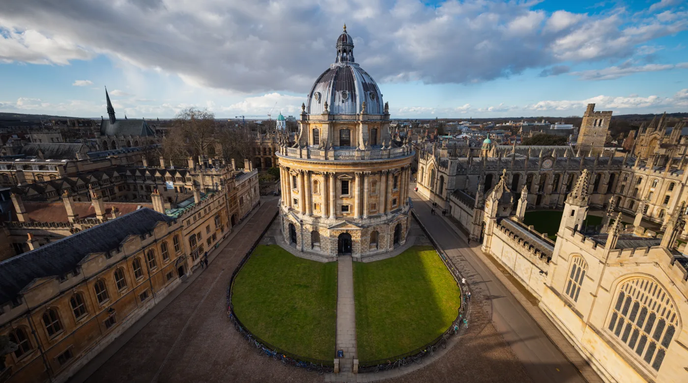 The Radcliffe Camera, at the centre of the University of Oxford, seen from above