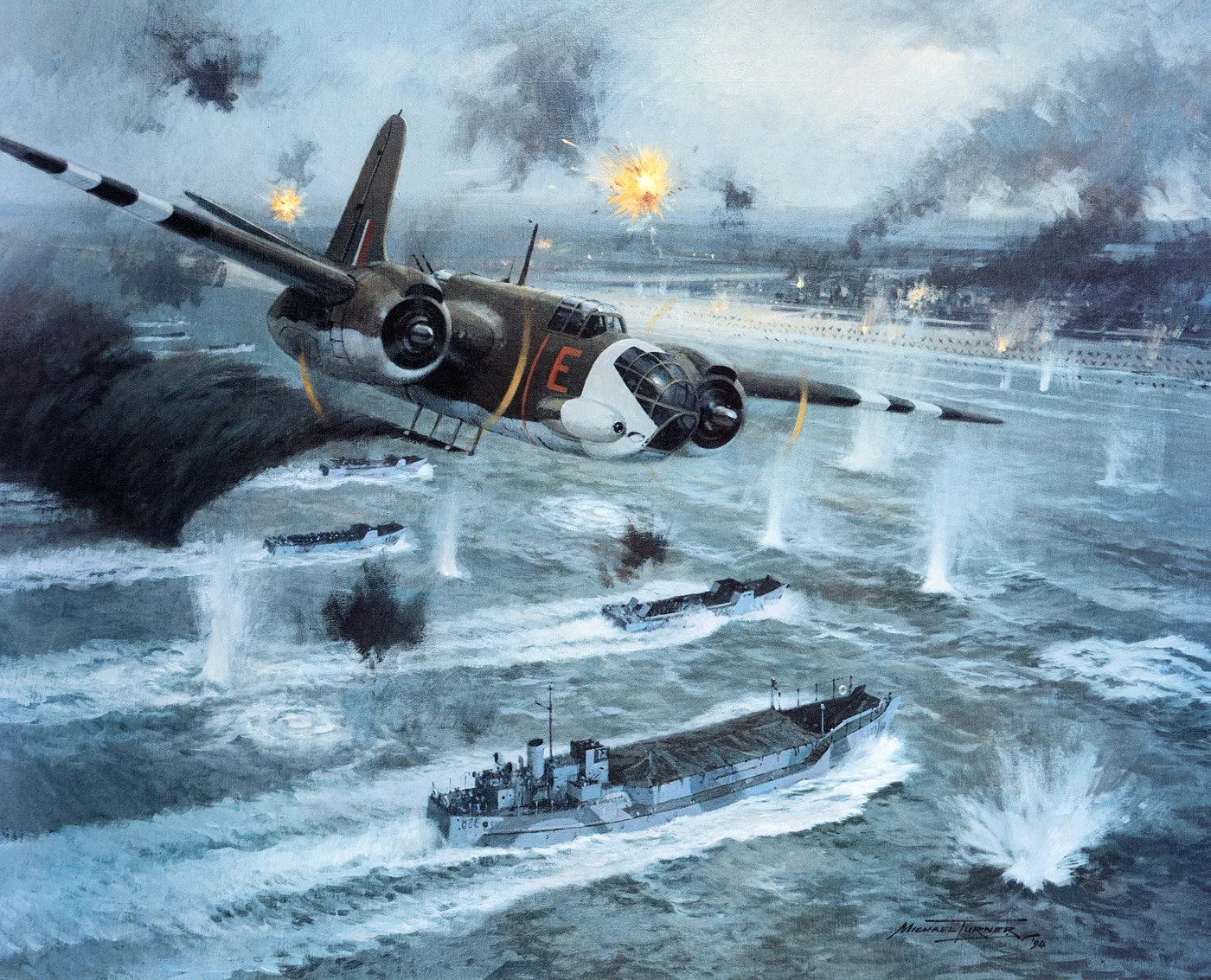 Painting of a Boston bomber marked E flying low over landing craft and shell splashes off the Normandy coast, with smoke and explosions behind